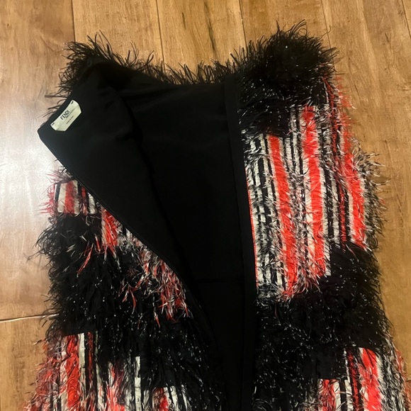 FENDI WOMEN’S ROMA FEATHER FRINGE COCKTAIL MINI DRESS, SIZE US 2, BLACK/RED - Picture 8 of 10